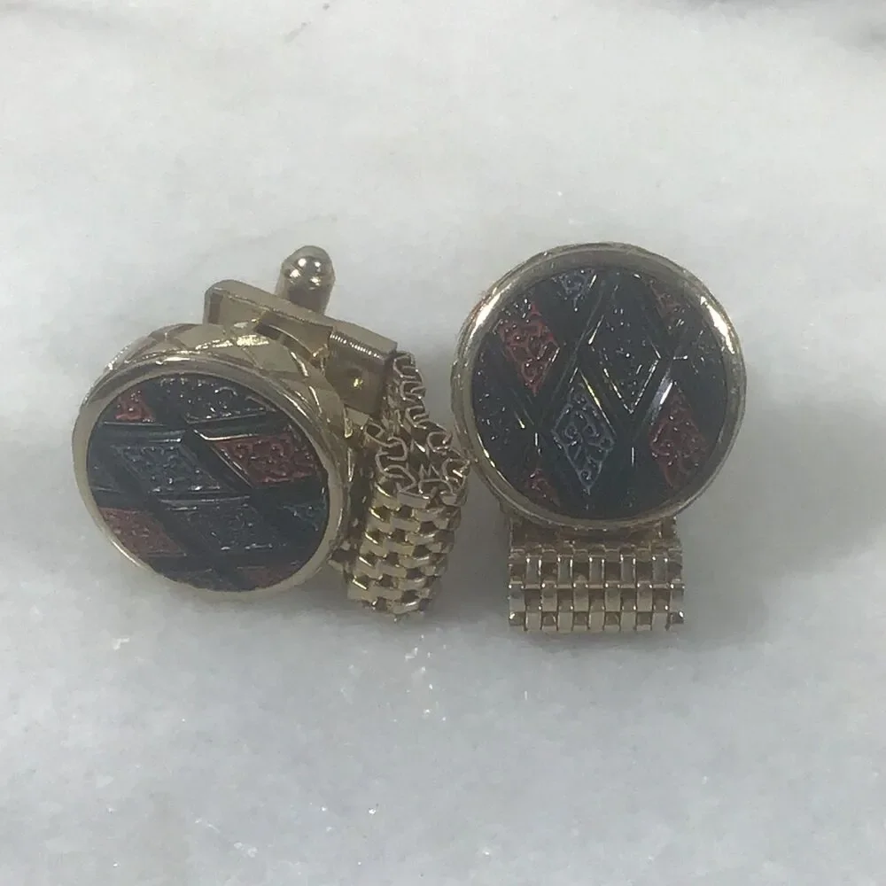 Vintage MCM Gold Tone Mesh Wrap Cufflinks - Red & Navy Harlequin Enamel Pattern